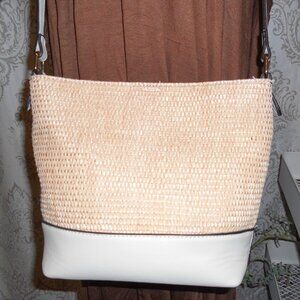 Izzy & Ali Tan Straw Shoulder Bag Adj Strap White Trim Strap